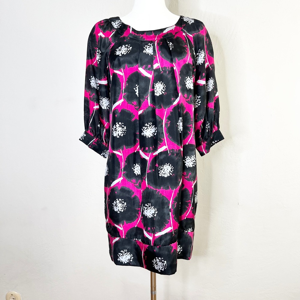 LIQUID Dress 100% Silk Floral Black Pink 3/4 Sleeve Mini Round Neck Size 4